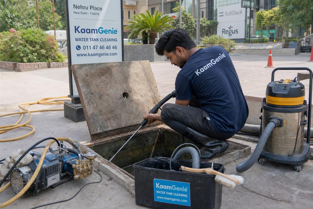 KaamGenie crew cleaning a underground sump in Nehru Place, Delhi