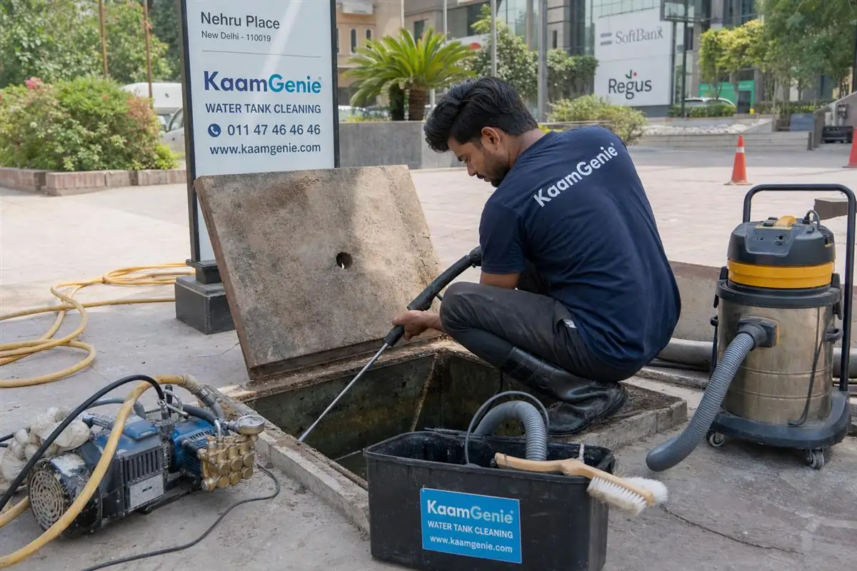 KaamGenie crew cleaning a underground sump in Nehru Place, Delhi