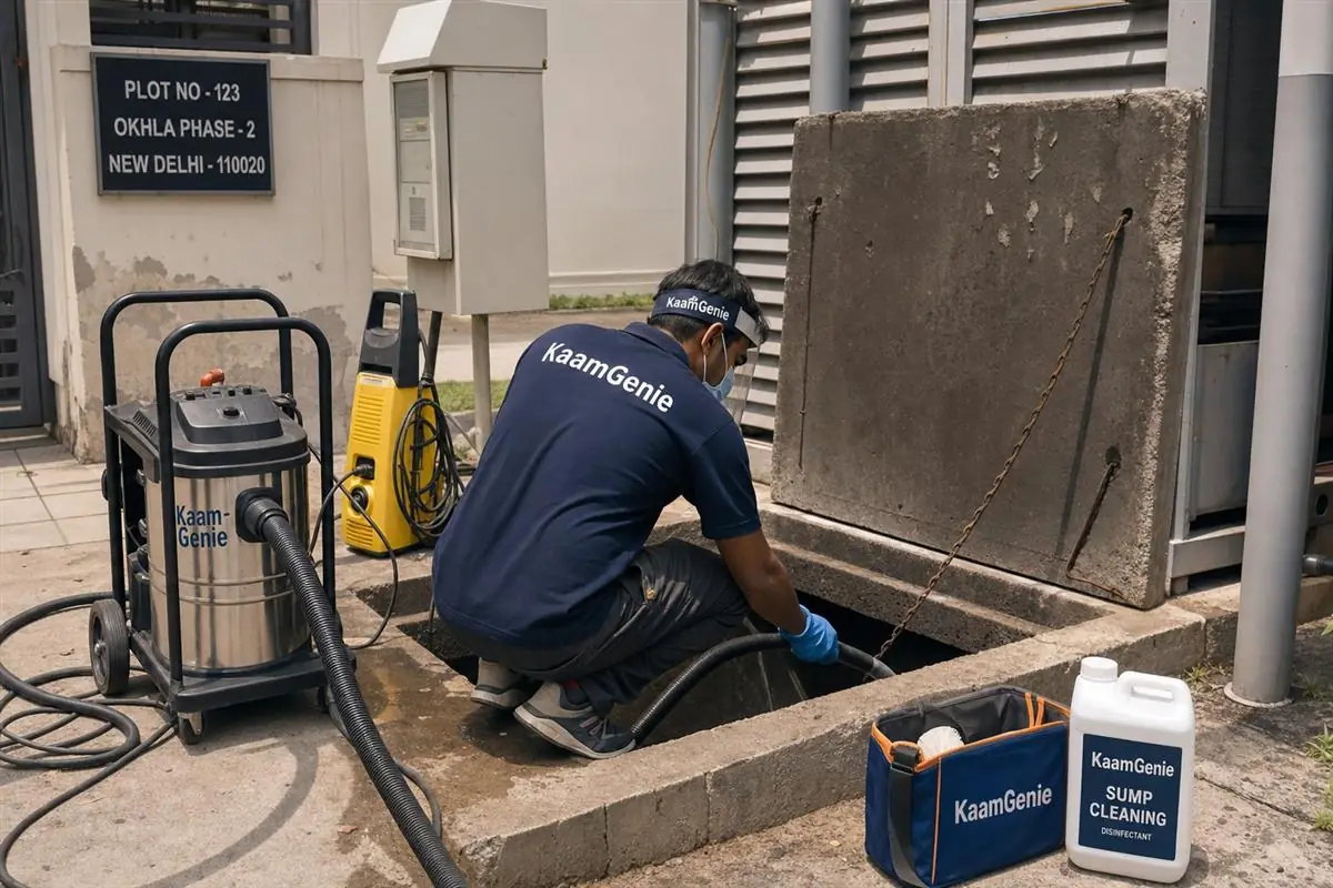 KaamGenie crew cleaning a underground sump in Okhla Phase 2, Delhi