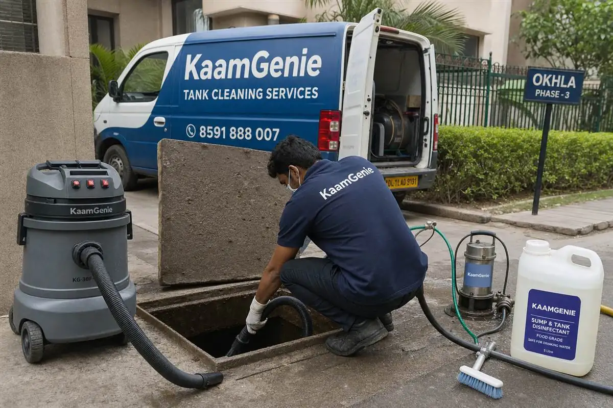 KaamGenie crew cleaning a underground sump in Okhla Phase 3, Delhi