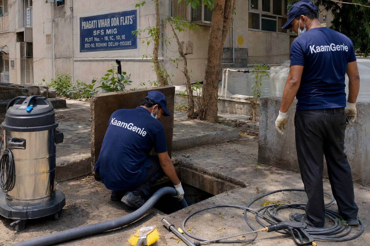 KaamGenie crew cleaning a underground sump in Pragati Vihar, Delhi