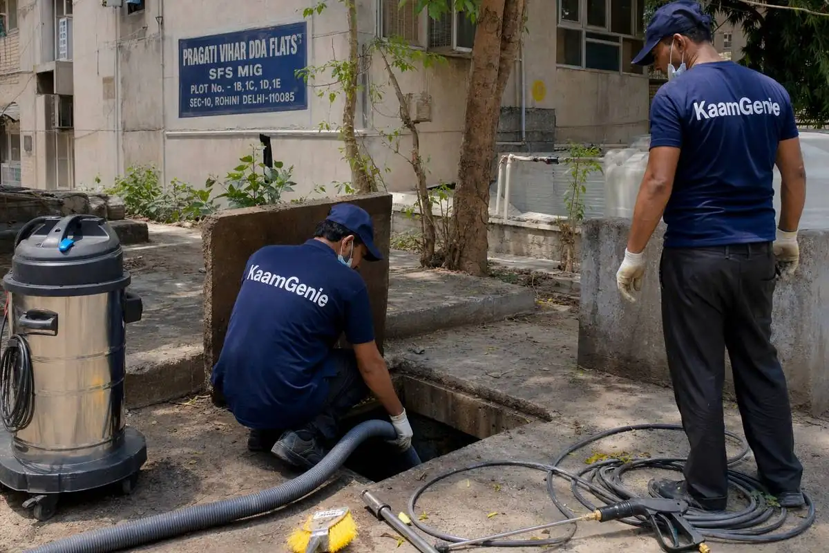 KaamGenie crew cleaning a underground sump in Pragati Vihar, Delhi