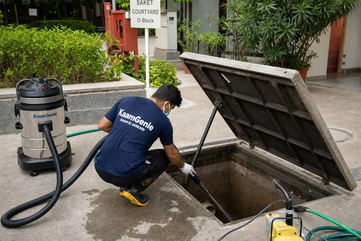 KaamGenie crew cleaning a underground sump in Saket, Delhi