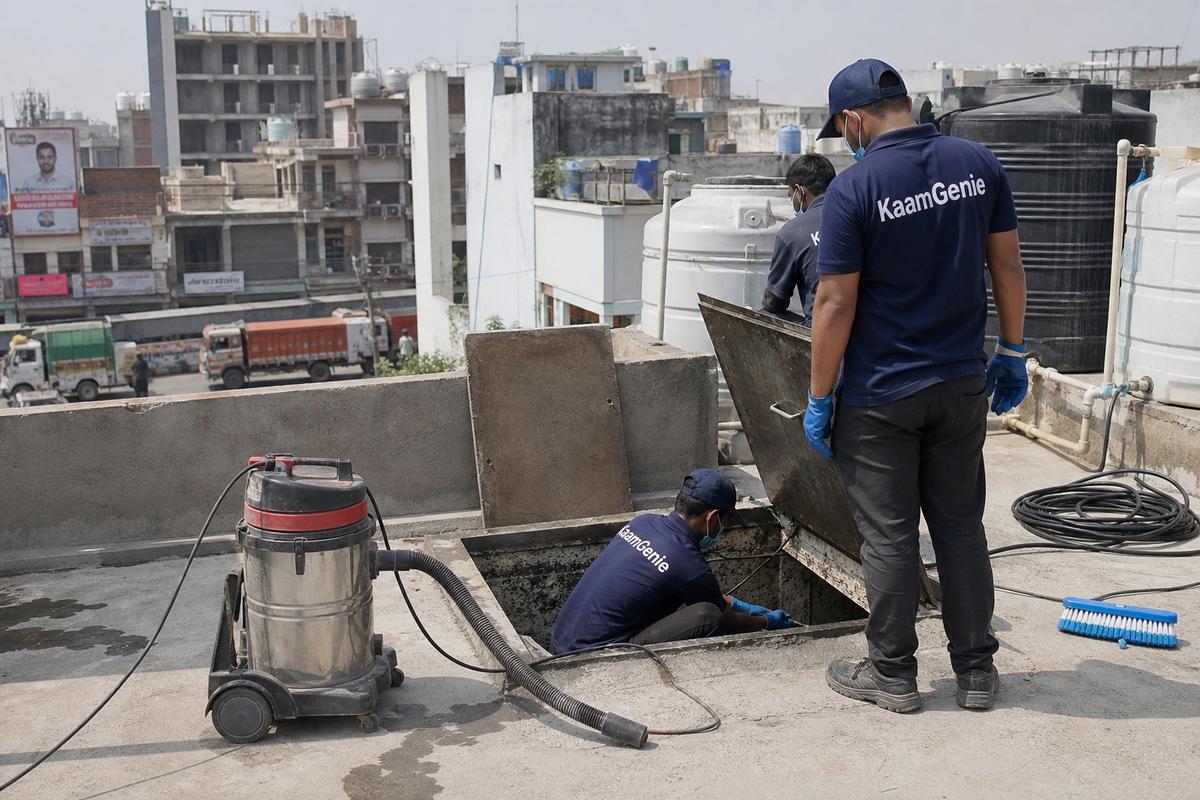 KaamGenie crew cleaning a underground sump in Samaipur, Delhi