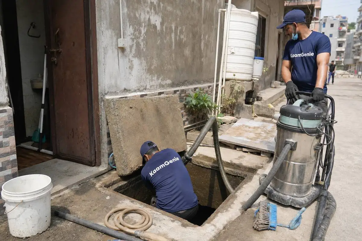 KaamGenie crew cleaning a underground sump in Sangam Vihar, Delhi