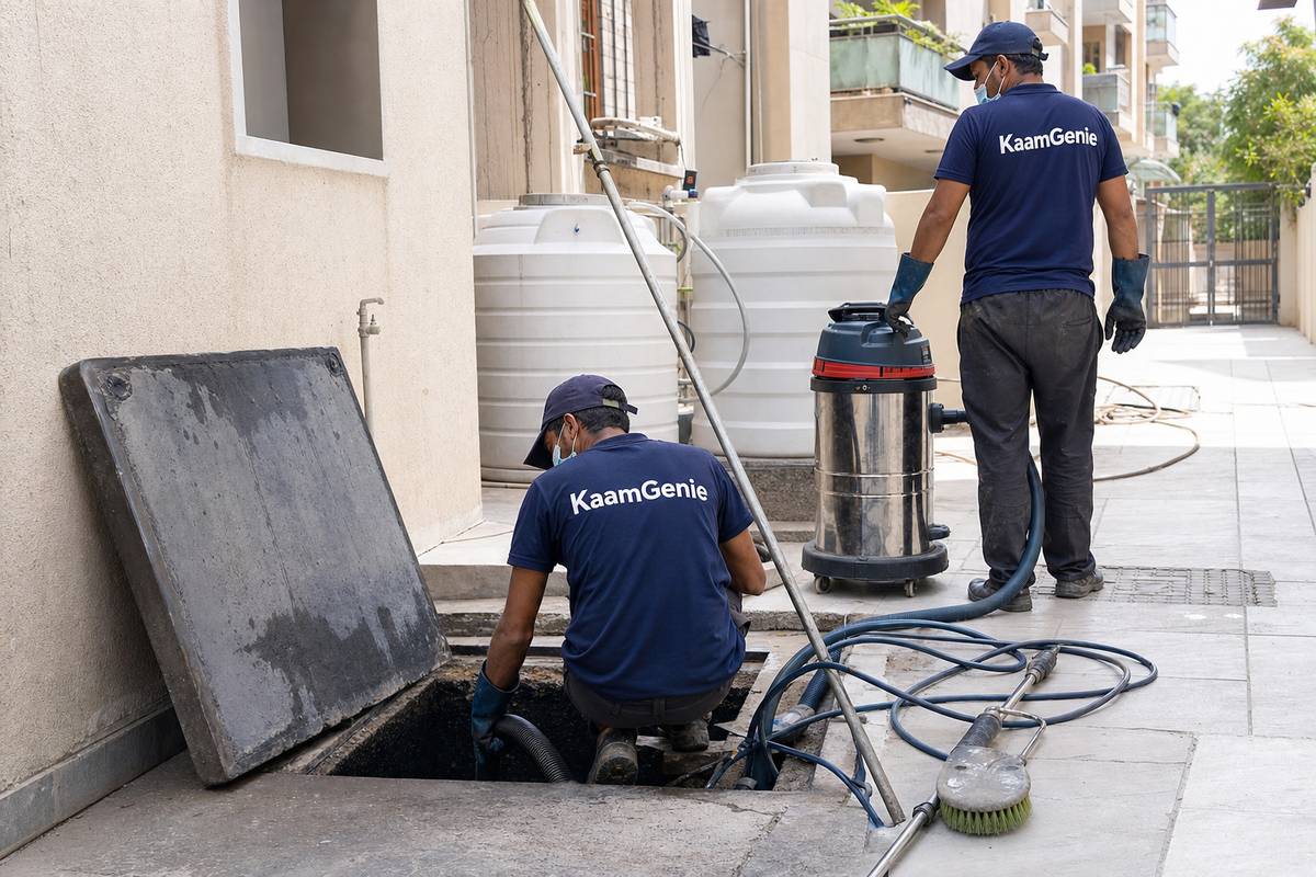 KaamGenie crew cleaning a underground sump in Sant Nagar, Delhi