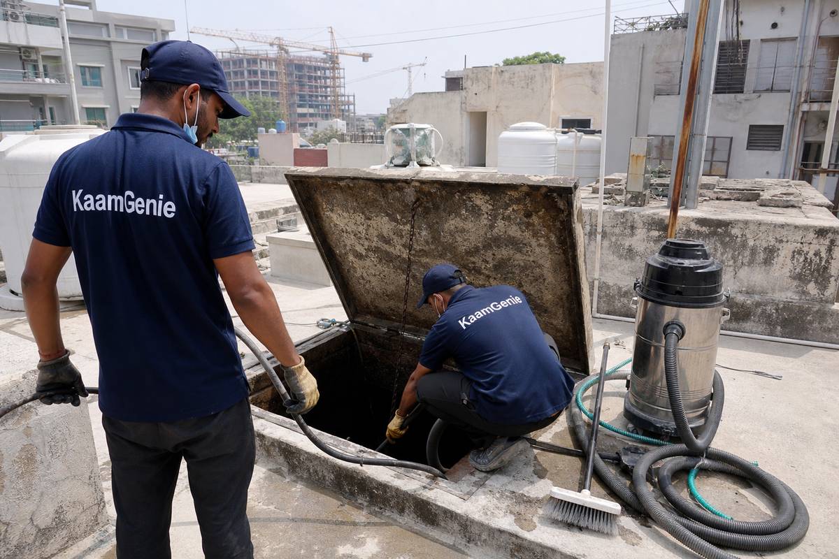 KaamGenie crew cleaning a underground sump in Sarojini Nagar, Delhi