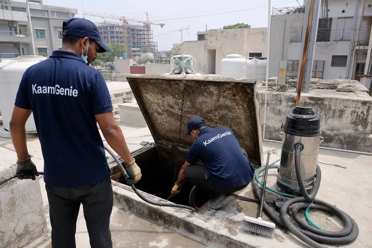 KaamGenie crew cleaning a underground sump in Sarojini Nagar, Delhi