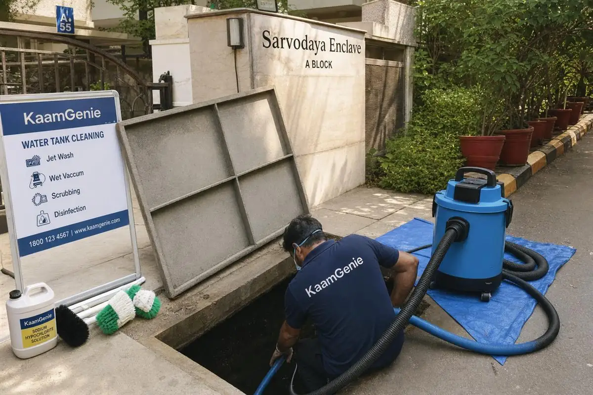 KaamGenie crew cleaning a underground sump in Sarvodaya Enclave, Delhi