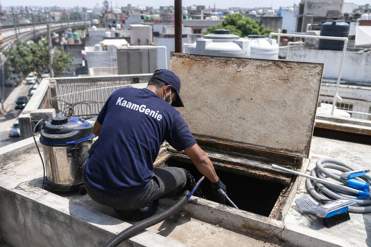 KaamGenie crew cleaning a underground sump in Shahdara, Delhi