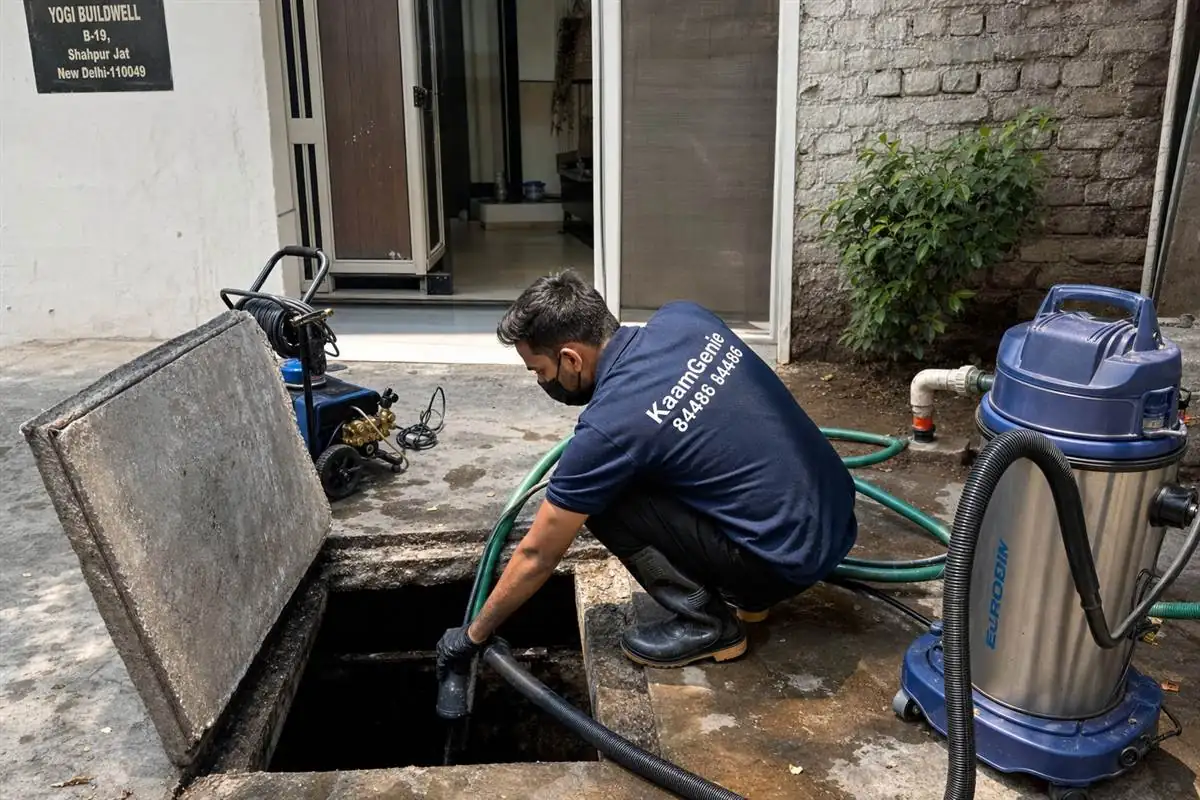 KaamGenie crew cleaning a underground sump in Shahpur Jat, Delhi