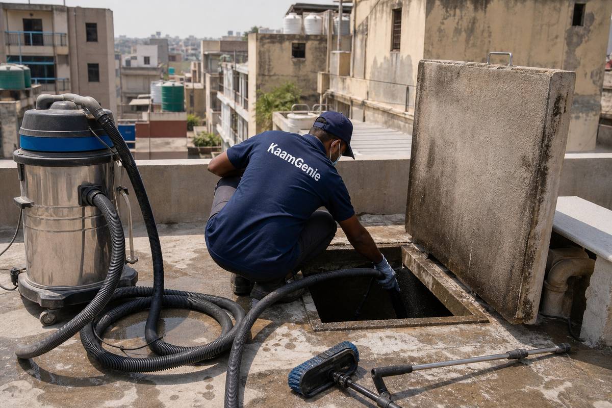 KaamGenie crew cleaning a underground sump in Shastri Nagar (East Delhi), Delhi