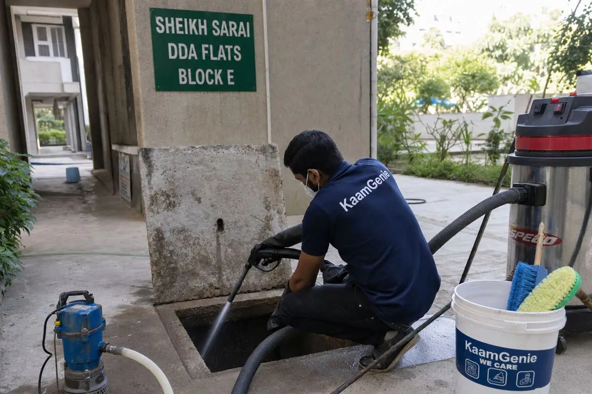 KaamGenie crew cleaning a underground sump in Sheikh Sarai, Delhi
