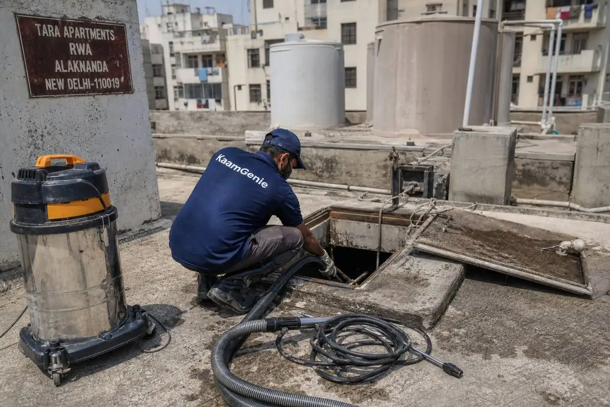 KaamGenie crew cleaning a underground sump in Tara Apartments, Delhi