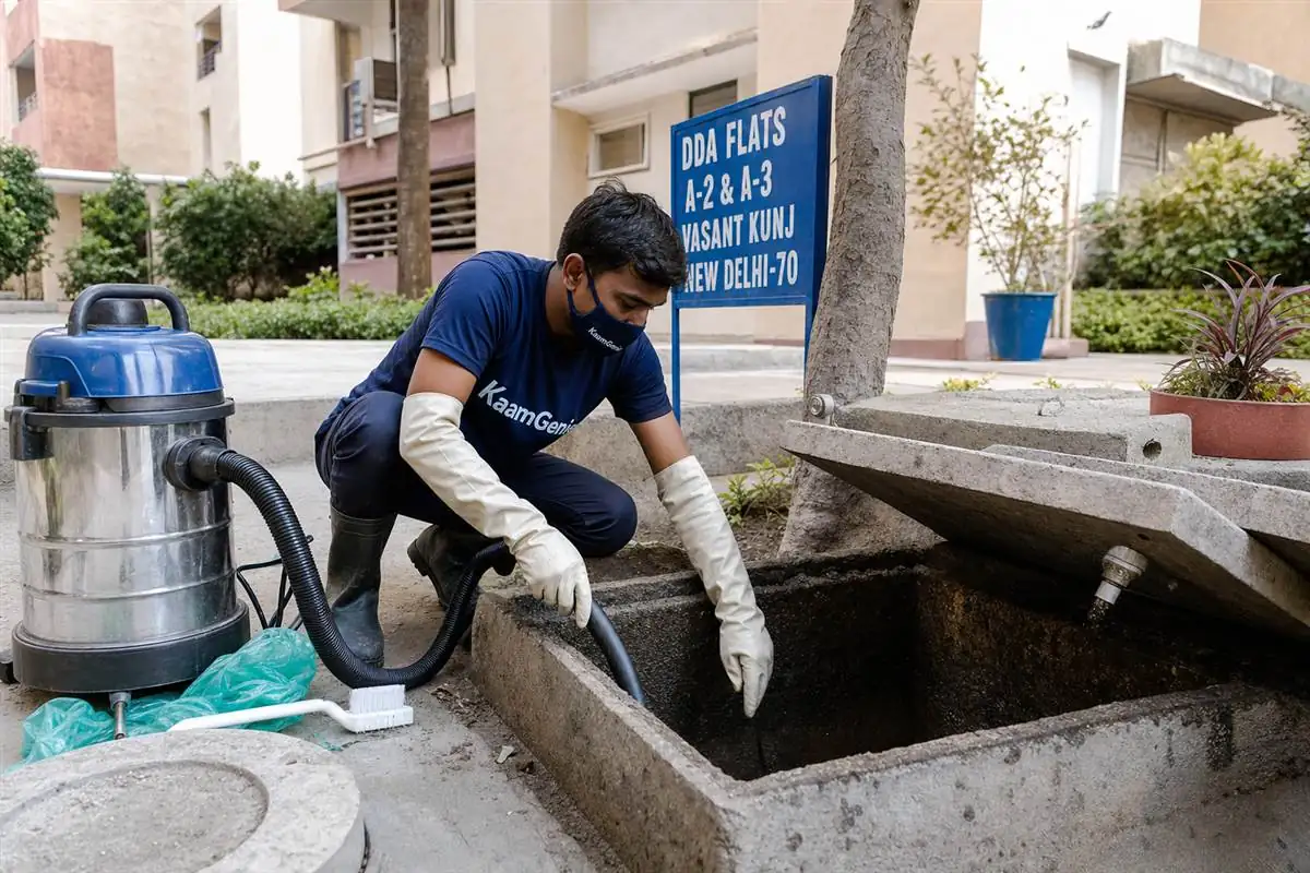 KaamGenie crew cleaning a underground sump in Vasant Kunj, Delhi