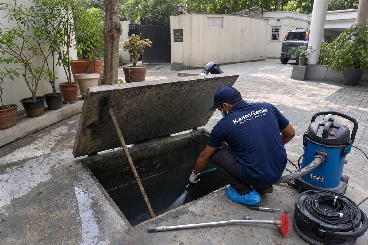 KaamGenie crew cleaning a underground sump in Vasant Vihar, Delhi