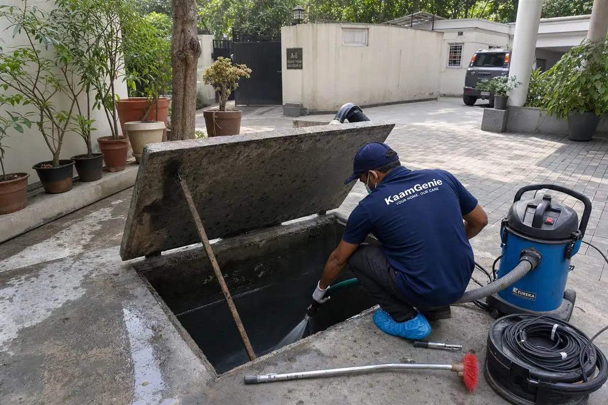 KaamGenie crew cleaning a underground sump in Vasant Vihar, Delhi