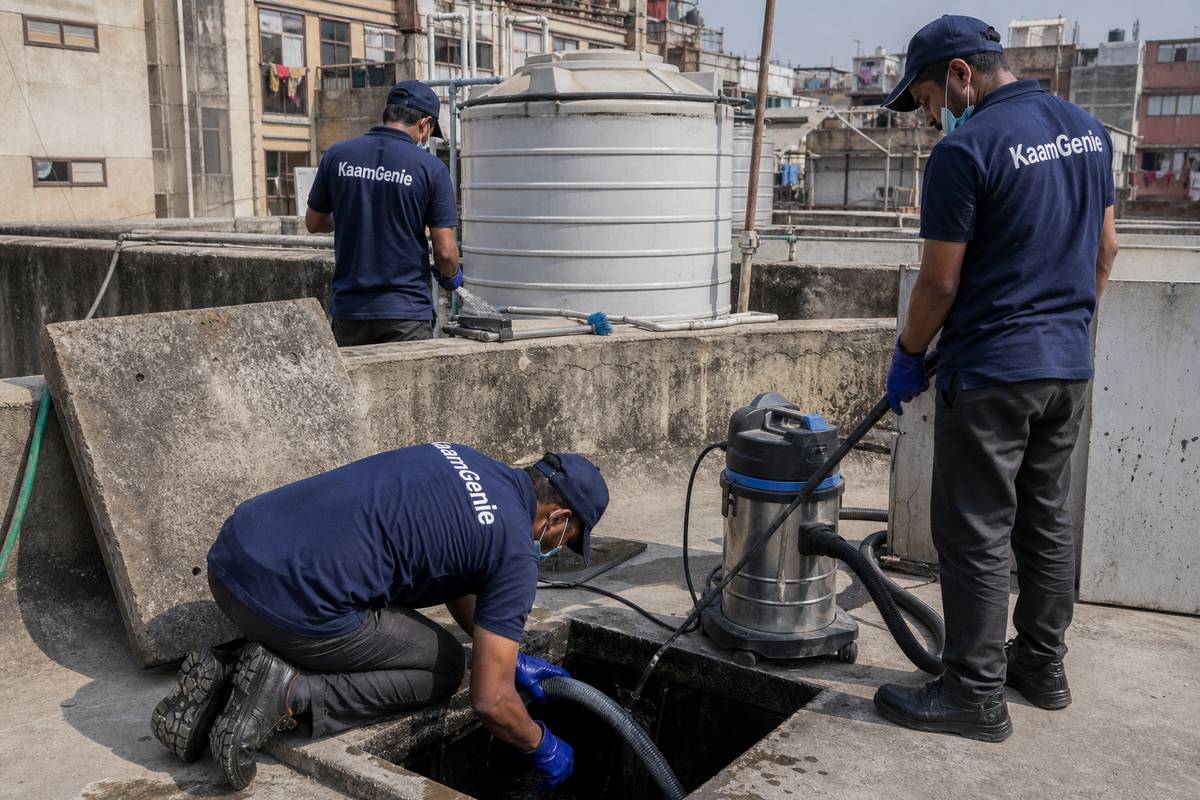 KaamGenie crew cleaning a underground sump in Vishnu Garden, Delhi