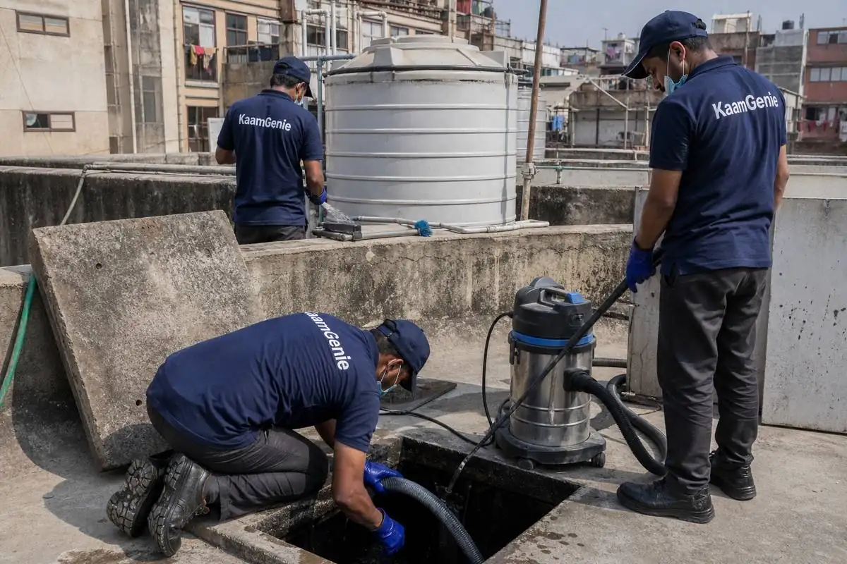 KaamGenie crew cleaning a underground sump in Vishnu Garden, Delhi