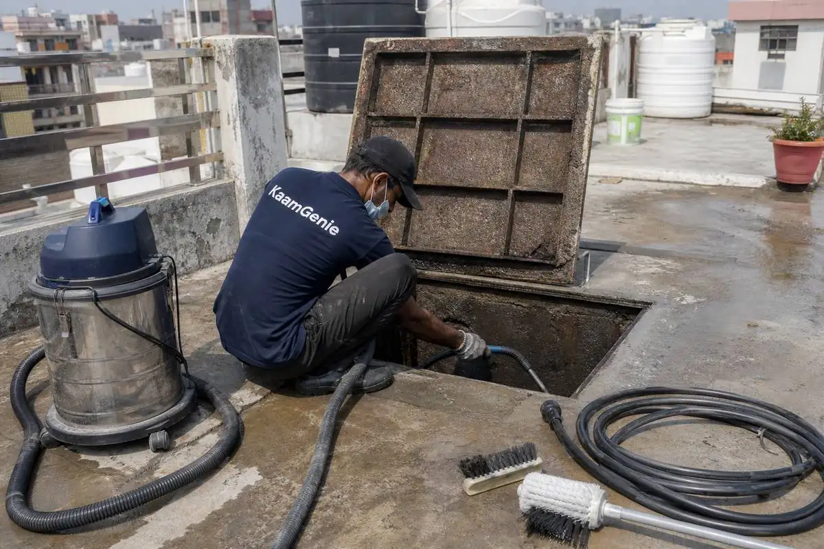 KaamGenie crew cleaning a underground sump in Vishwas Nagar, Delhi