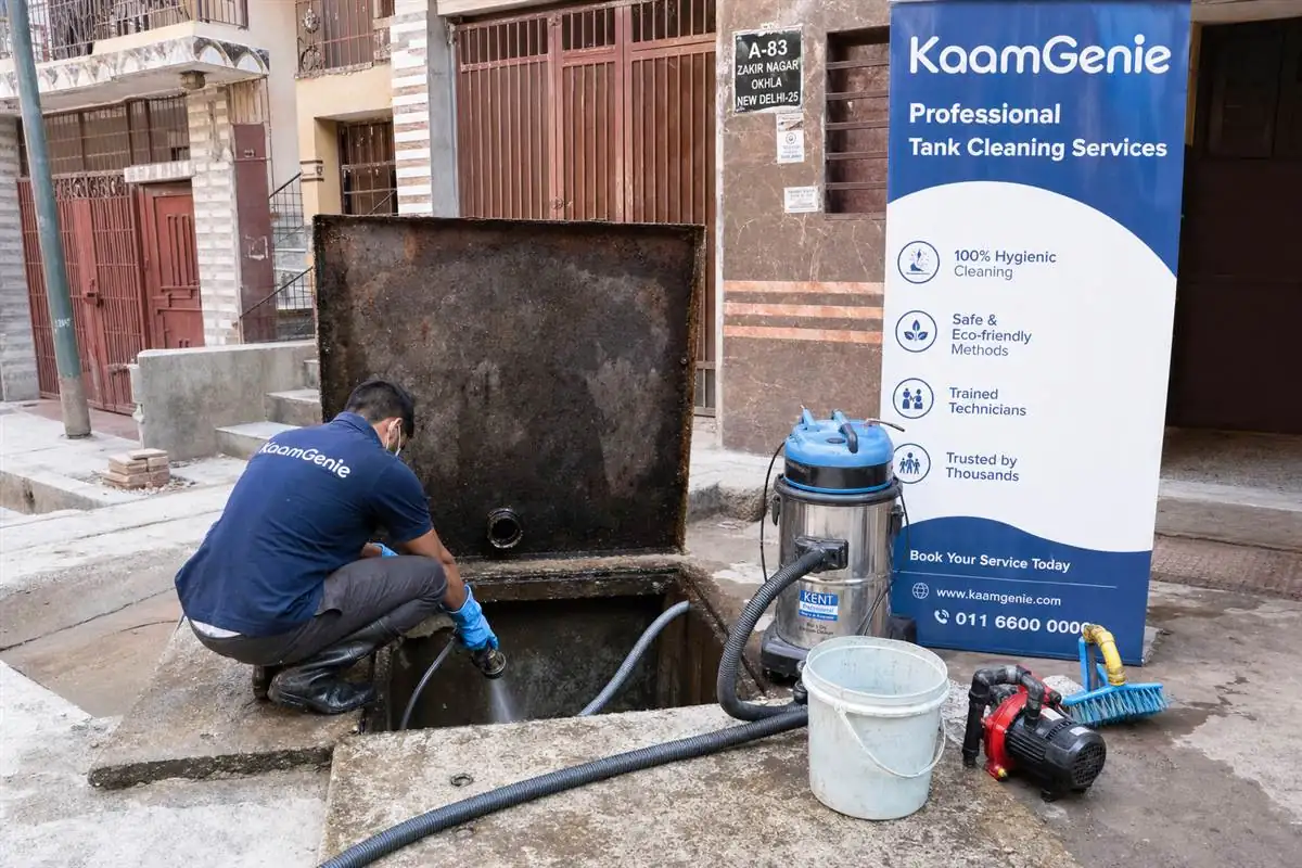 KaamGenie crew cleaning a underground sump in Zakir Nagar, Delhi