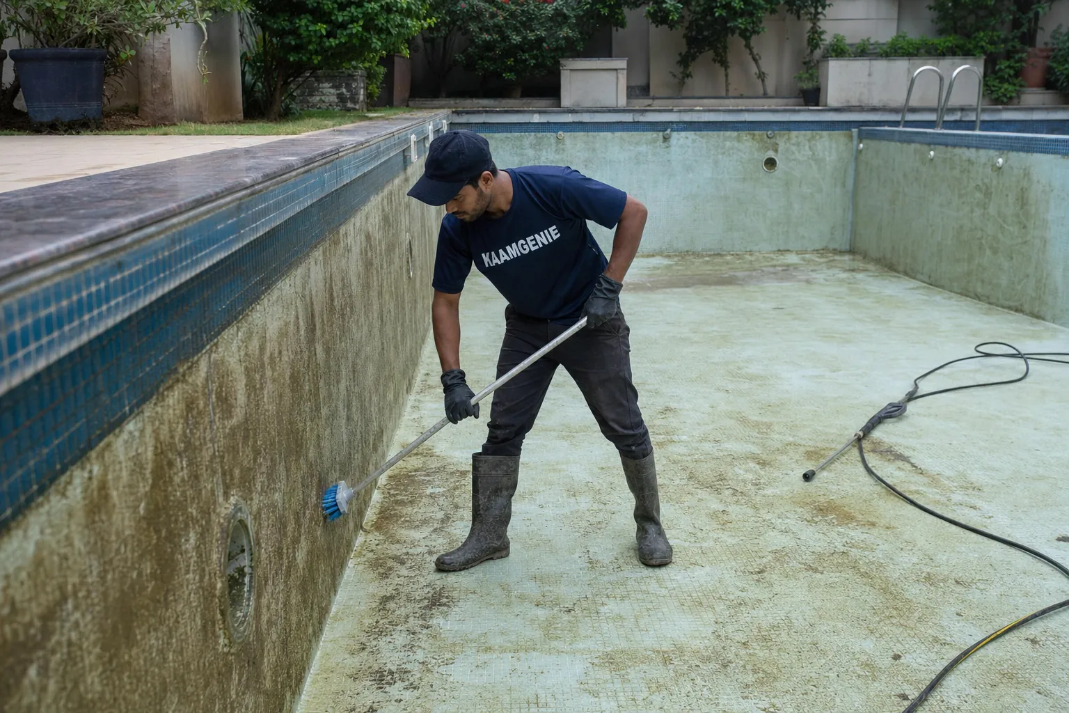 KaamGenie crew deep cleaning a drained green swimming pool, scrubbing algae off the floor and walls in Delhi NCR