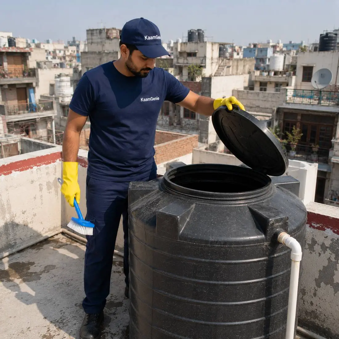 KaamGenie crew cleaning a water tank in Tagore Garden, West Delhi