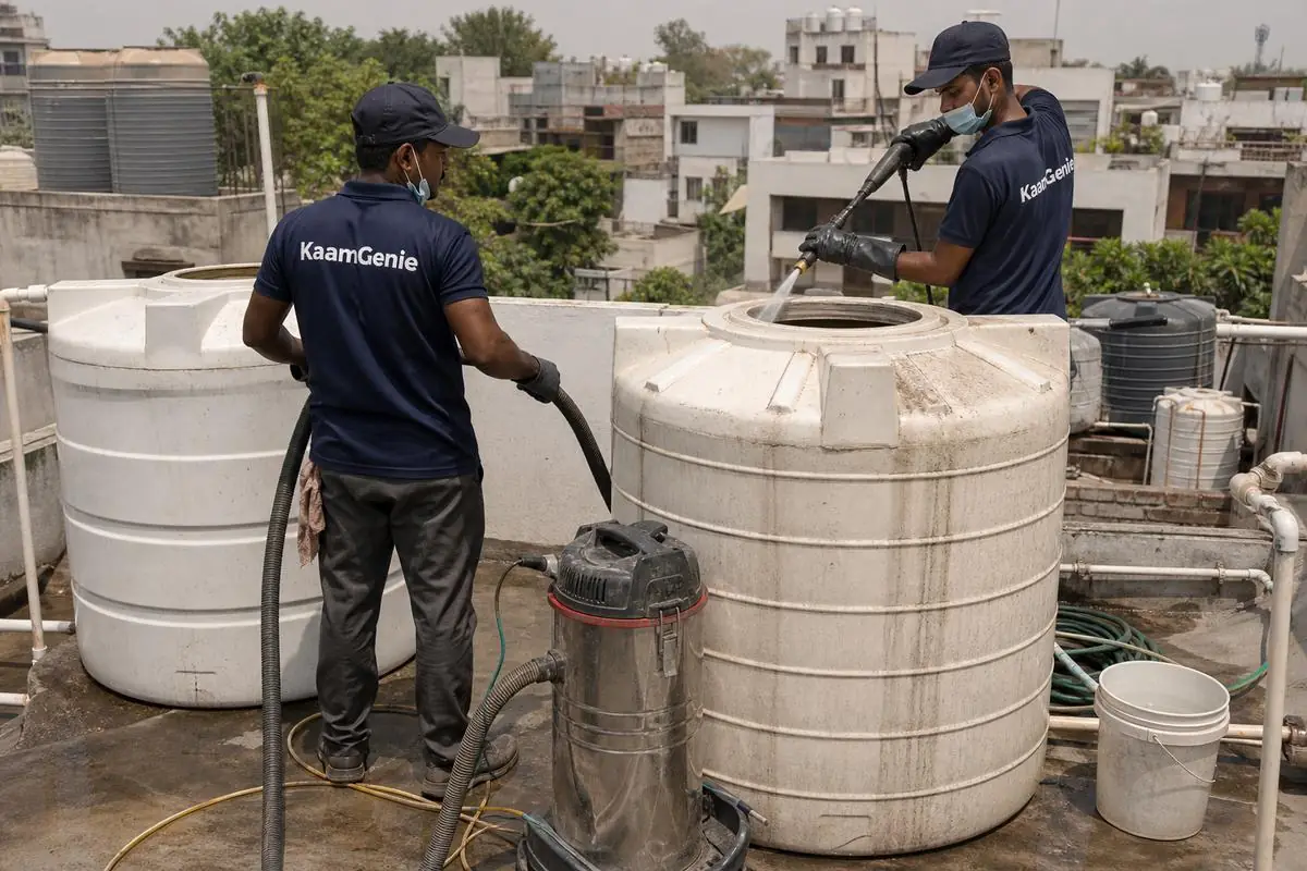 KaamGenie crew cleaning a water tank in Taimoor Nagar, Delhi