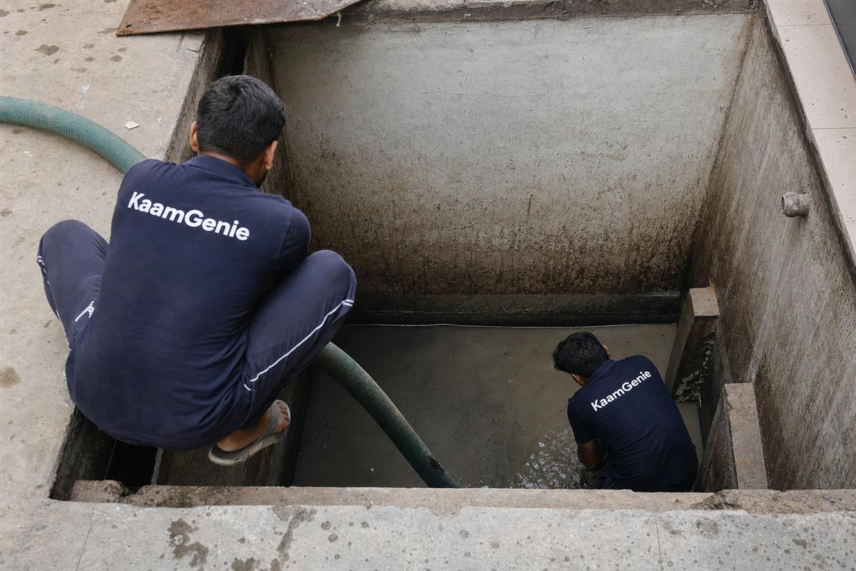 Cloudy water with fine sediment settled at the bottom of a tanker-fed underground tank in a Delhi colony