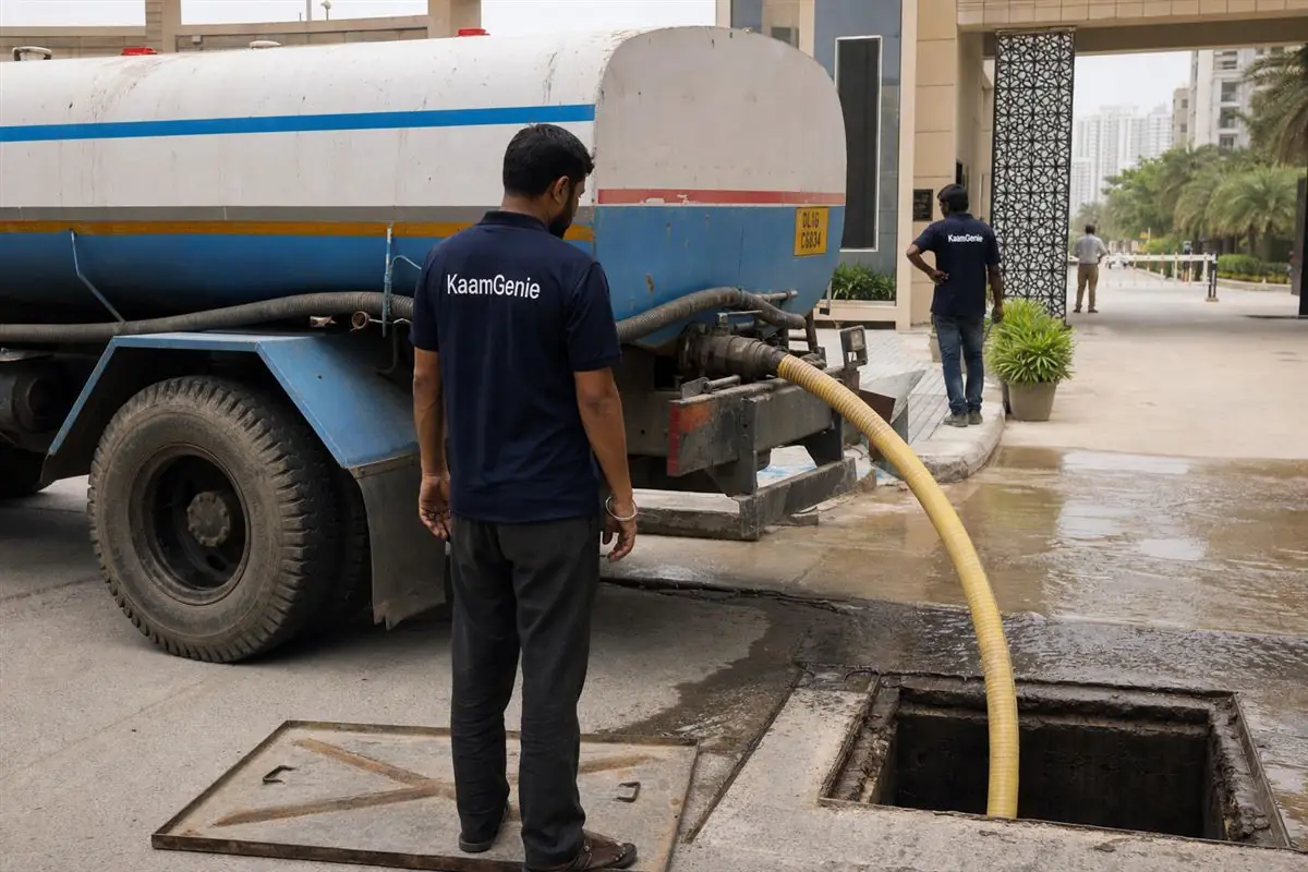 A water tanker filling a large underground reservoir at a Greater Noida West society gate, a KaamGenie worker in a navy shirt standing nearby