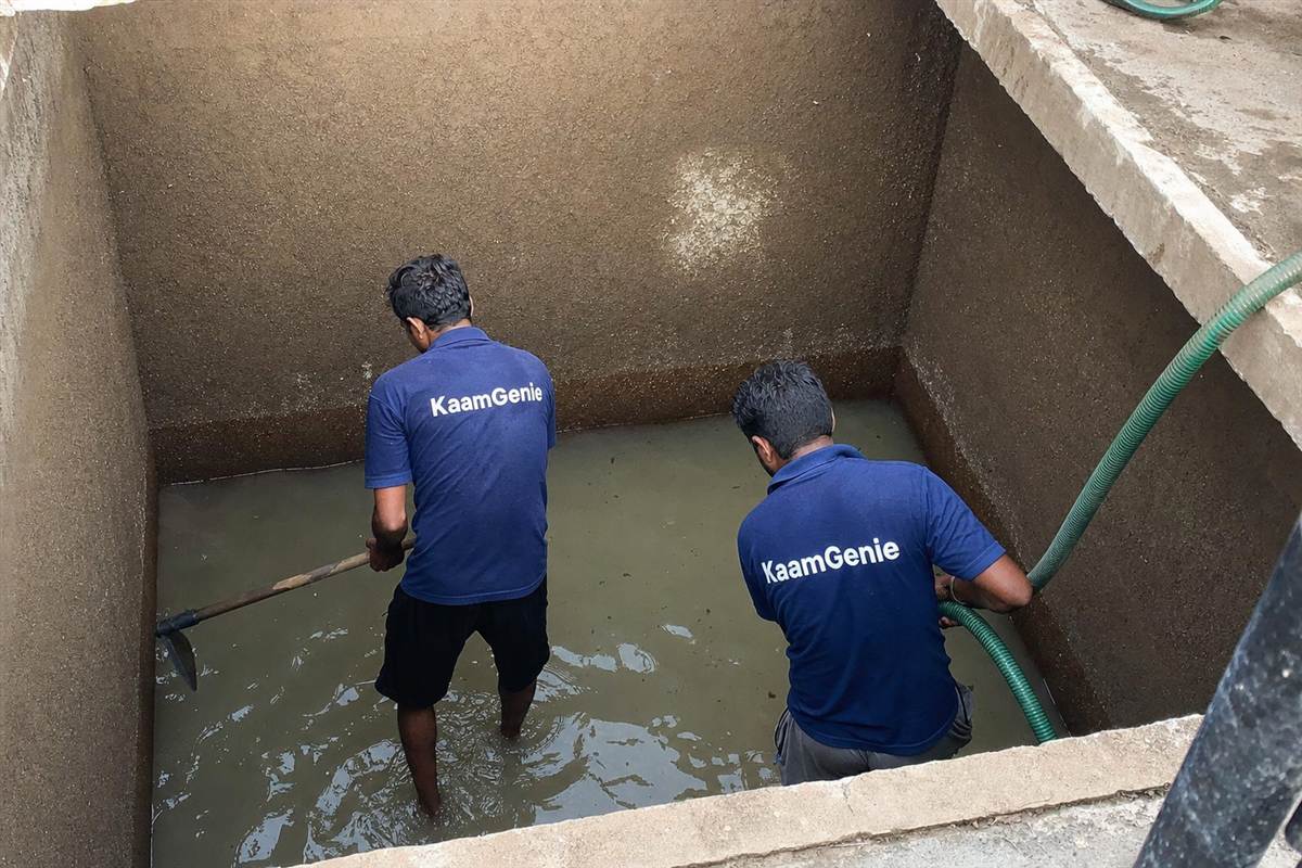 Cloudy sediment settled at the bottom of a tanker-fed underground tank in a Noida building
