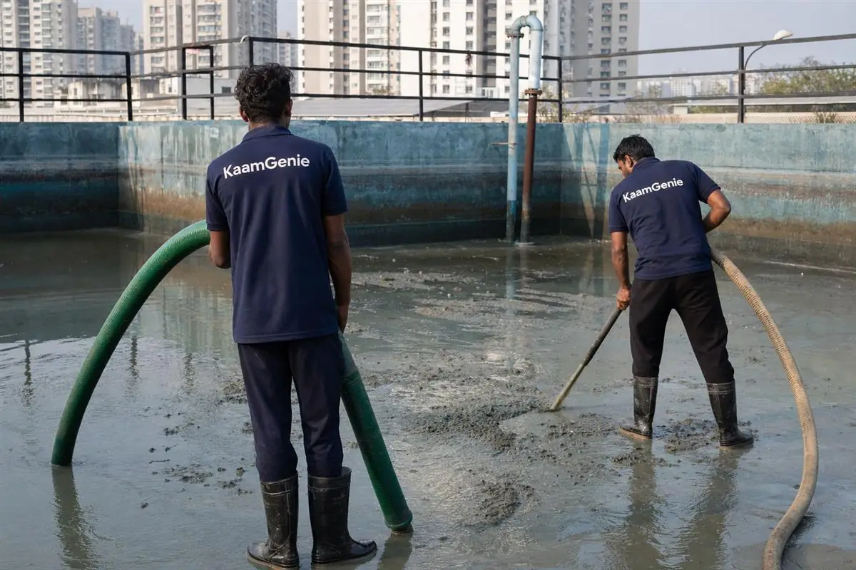 Two KaamGenie workers in navy shirts vacuuming sludge from a society underground reservoir in Noida