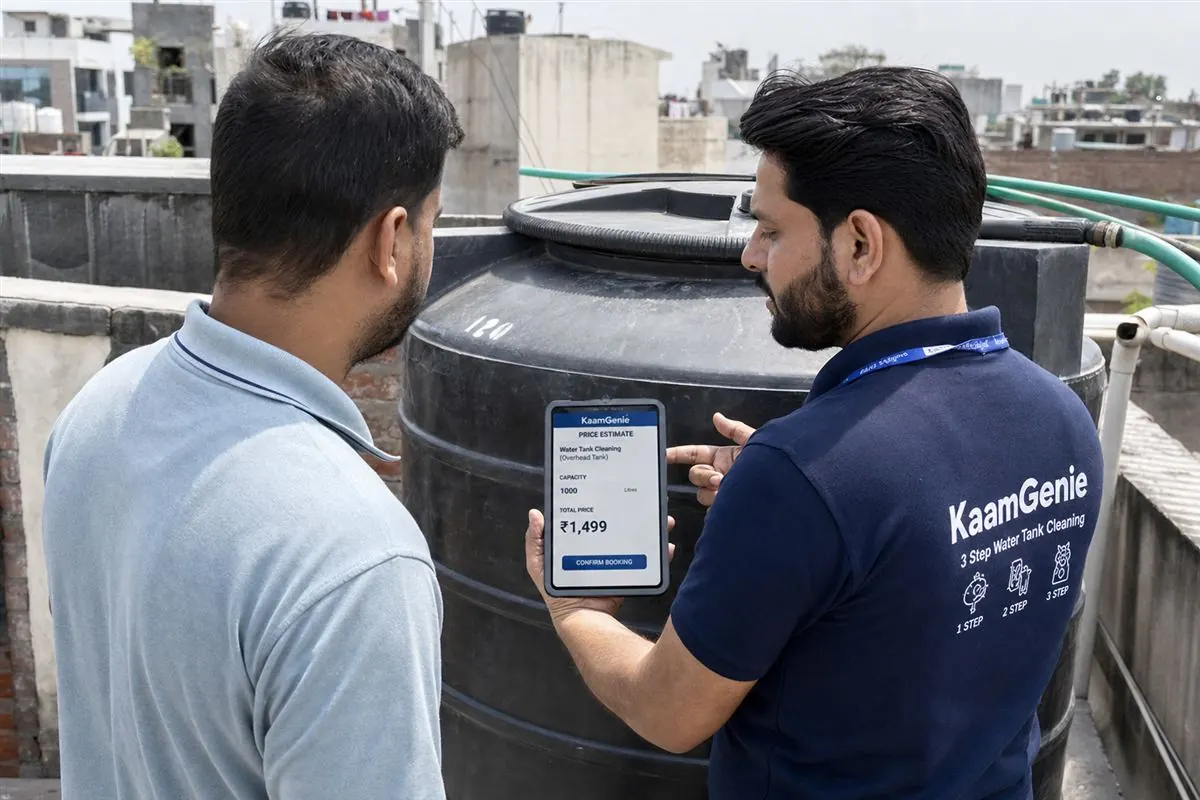 KaamGenie technician in navy-blue branded uniform showing a price estimate on a tablet beside a rooftop water tank in Delhi