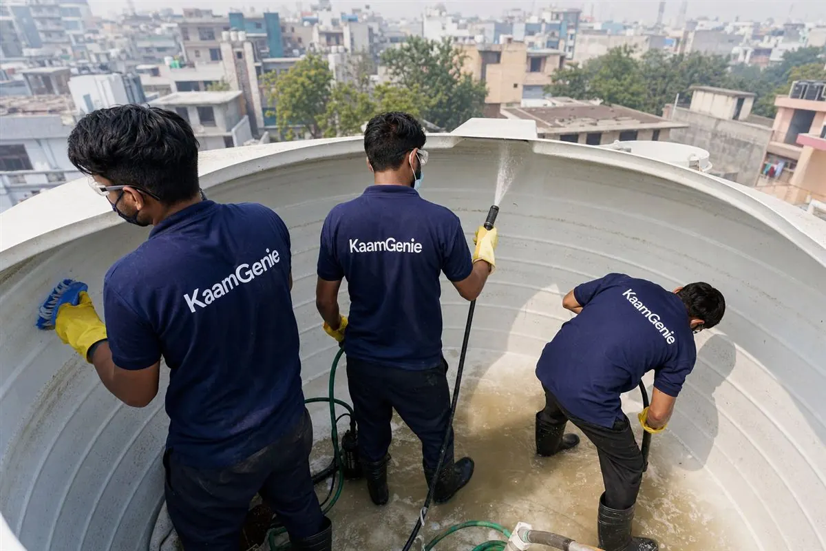 KaamGenie crew in navy-blue branded shirts scrubbing the inside walls of an overhead water tank on a Delhi rooftop