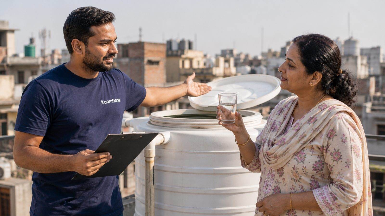 KaamGenie technician explaining the tank cleaning process to a Delhi homeowner with a water sample in hand