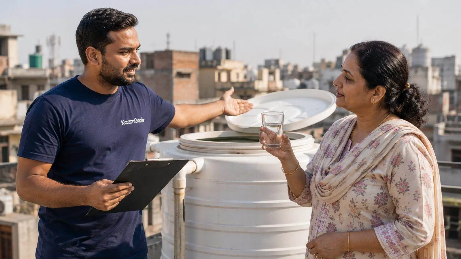 KaamGenie technician explaining the tank cleaning process to a Delhi homeowner with a water sample in hand
