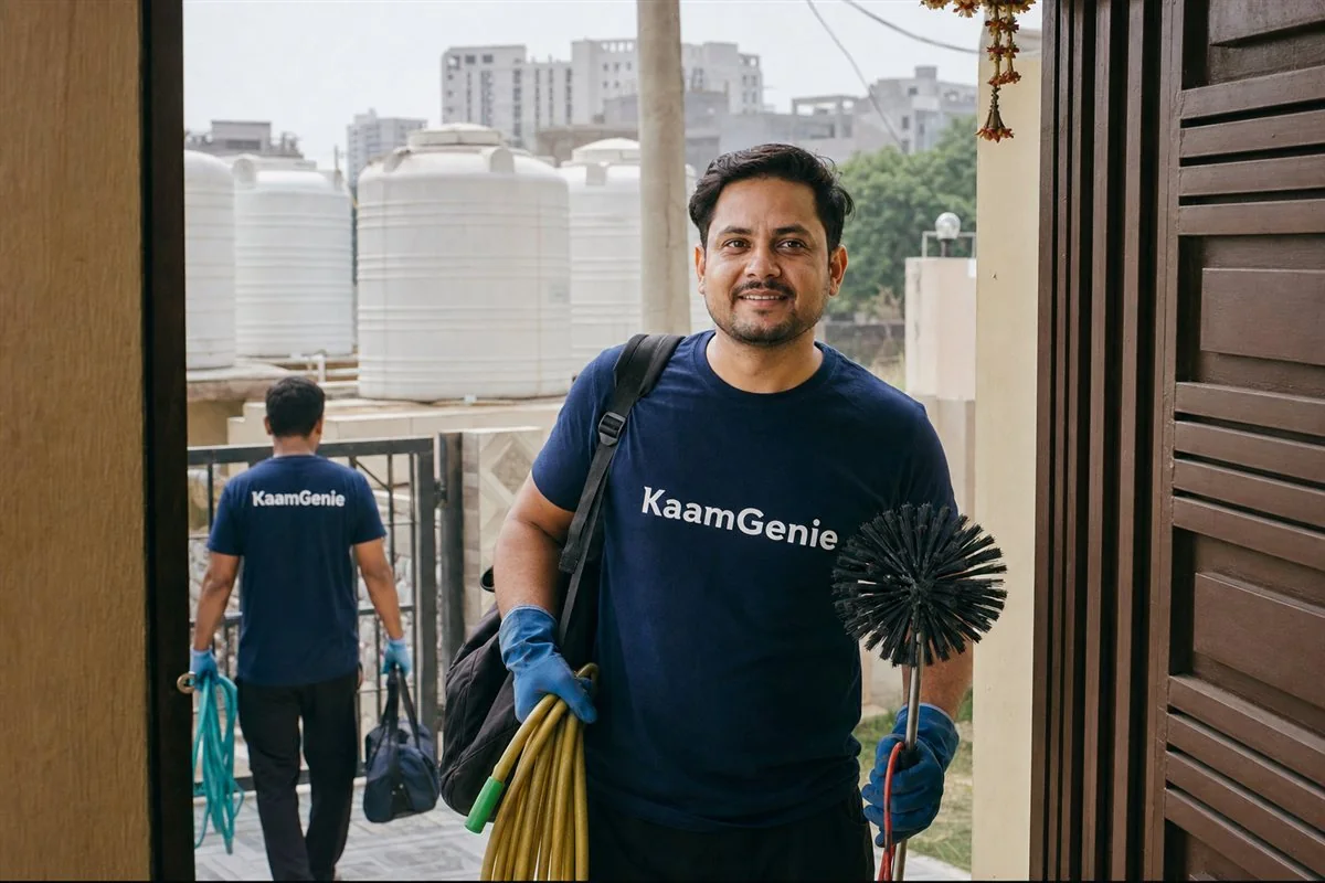 A friendly KaamGenie worker in a navy shirt at a Gurgaon doorstep, tools in hand, ready to clean the home water tank