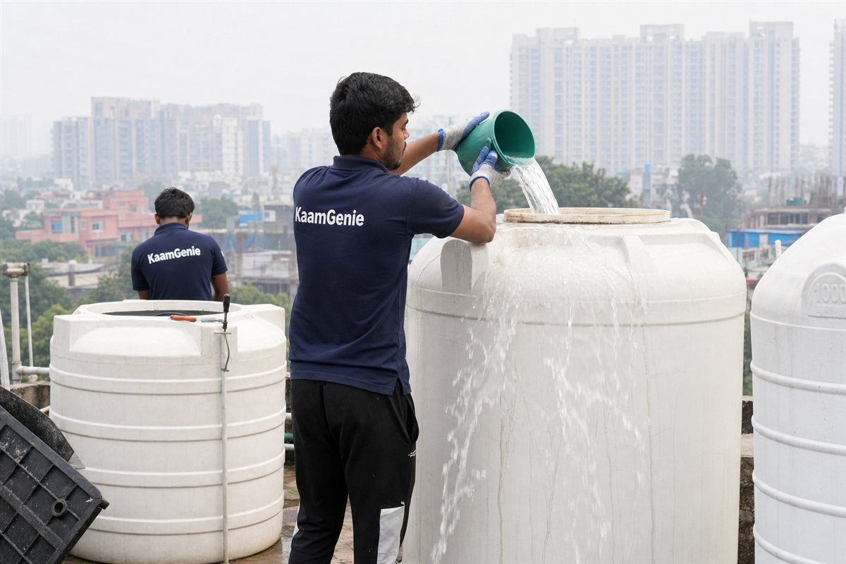 A KaamGenie worker in a navy shirt pouring clear water from a freshly cleaned Gurgaon tank into a glass