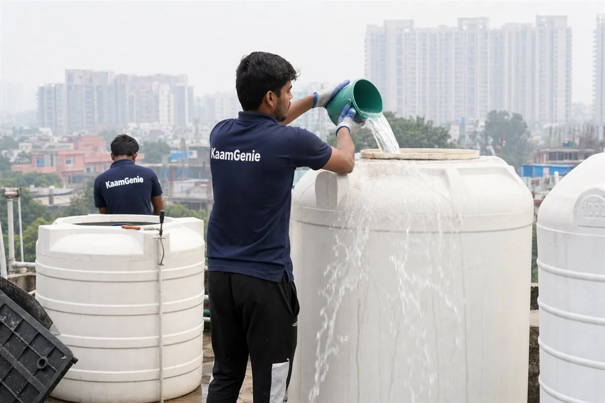 A KaamGenie worker in a navy shirt pouring clear water from a freshly cleaned Gurgaon tank into a glass