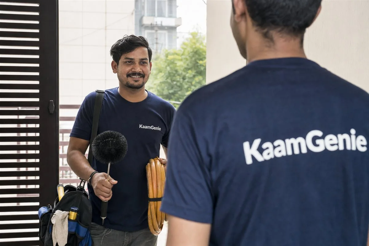 A friendly KaamGenie worker in a navy shirt at a Noida doorstep, tools in hand, ready to clean the home water tank