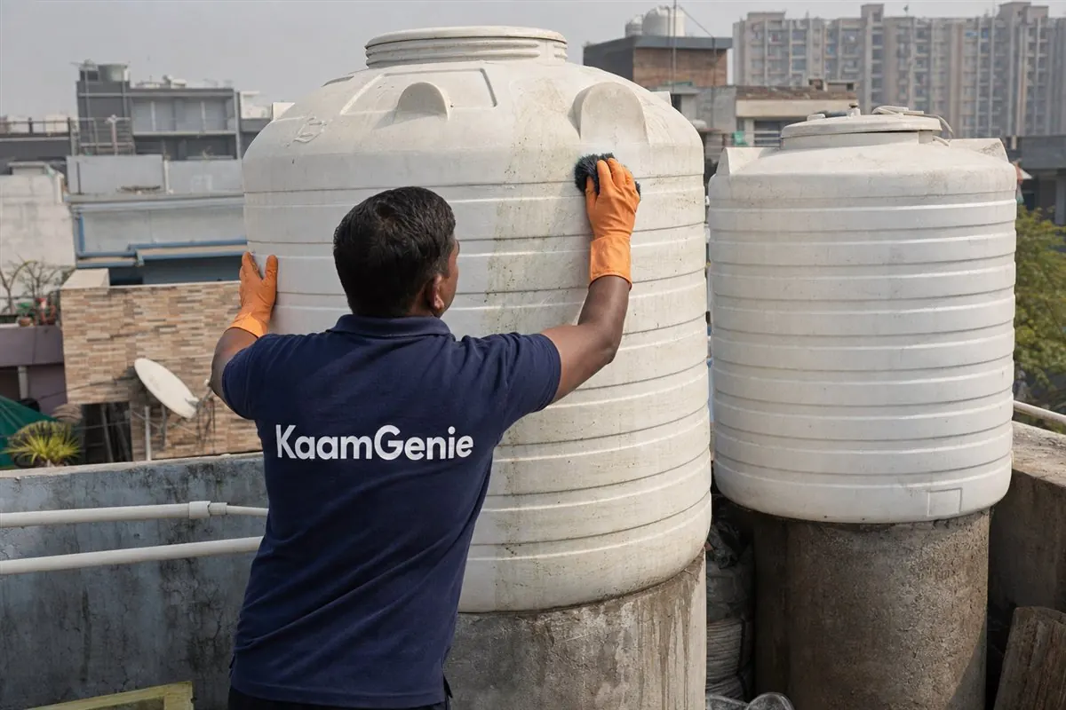 A KaamGenie worker in a navy shirt scrubbing the inside of a rooftop water tank at a Noida home