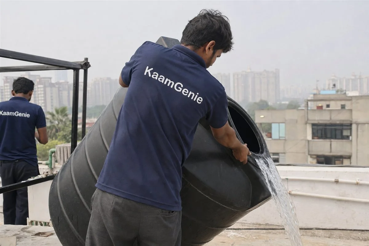 A KaamGenie worker in a navy shirt pouring clear water from a freshly cleaned tank at a Noida home