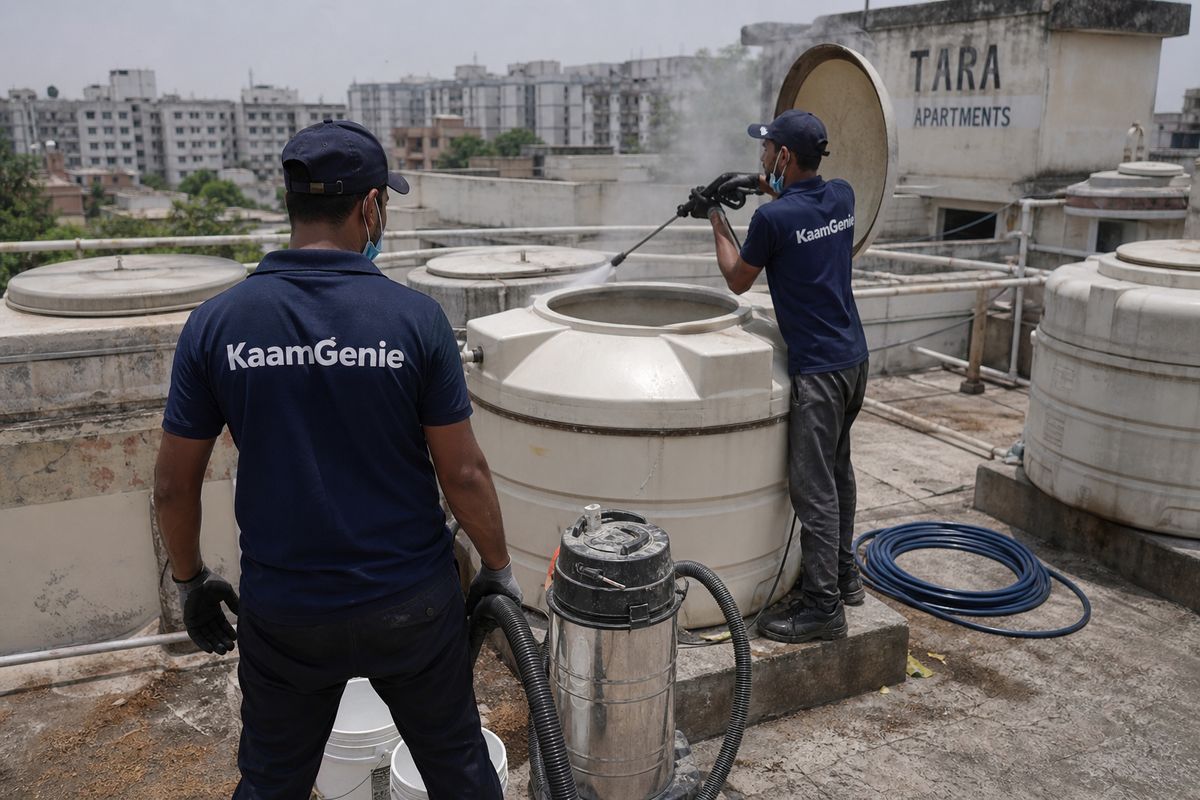 KaamGenie crew cleaning a water tank in Tara Apartments, Delhi