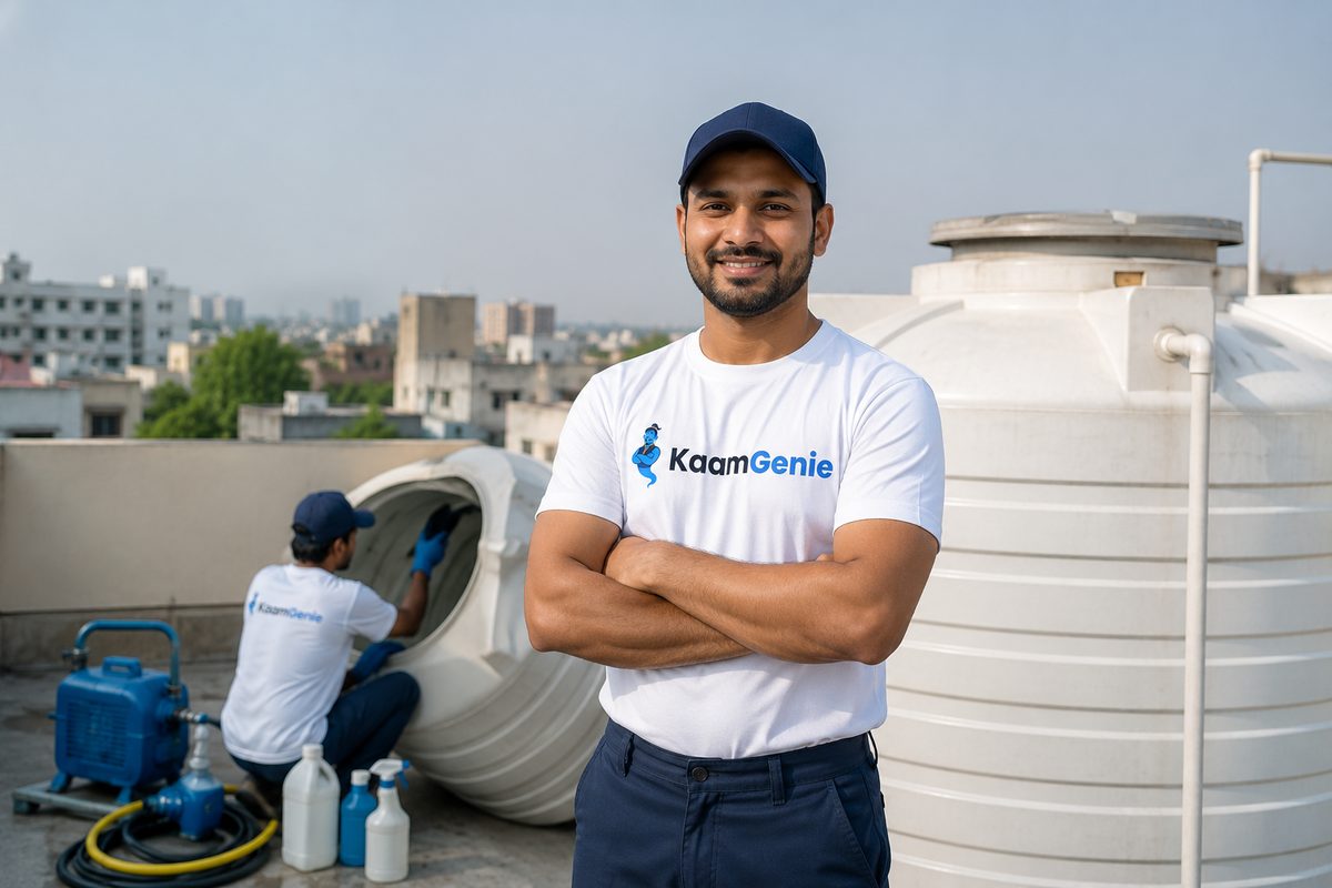 KaamGenie crew cleaning a residential overhead water tank on a Delhi rooftop
