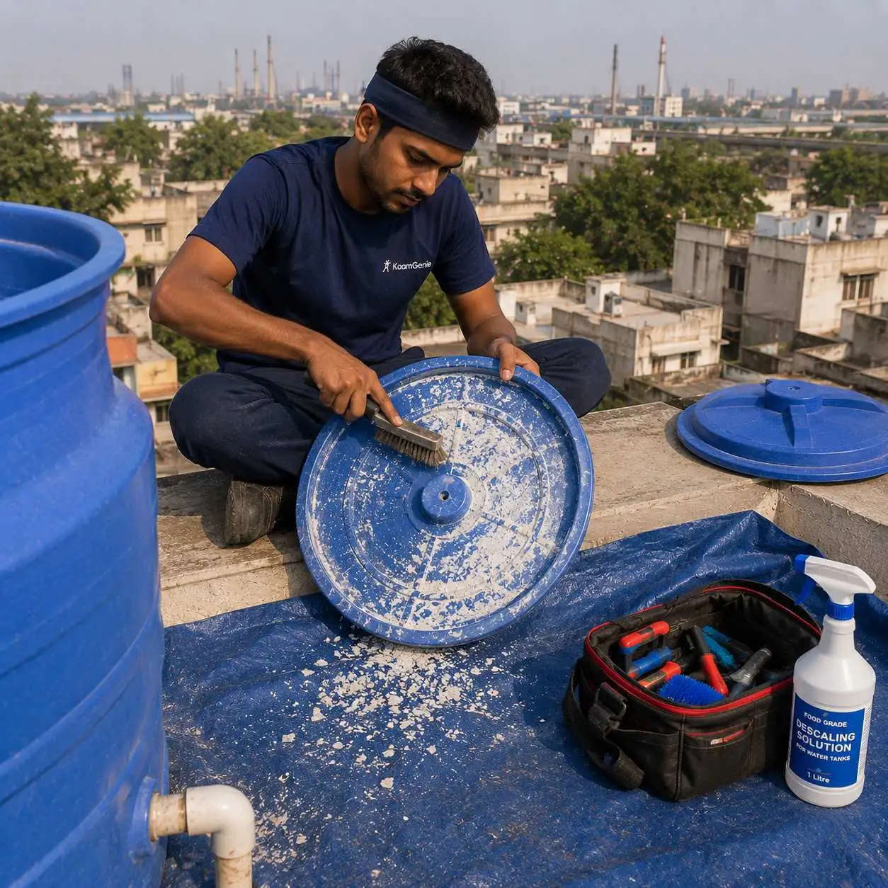 KaamGenie crew cleaning an overhead water tank on a Tehkhand rooftop in South Delhi