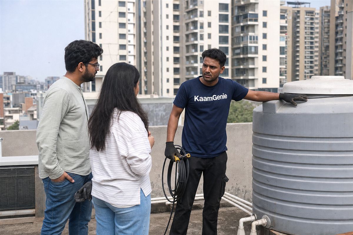 A tenant and KaamGenie crew member checking a rooftop water tank outside a Gurgaon condominium tower