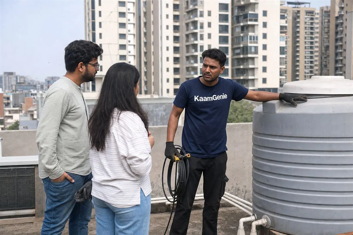 A tenant and KaamGenie crew member checking a rooftop water tank outside a Gurgaon condominium tower