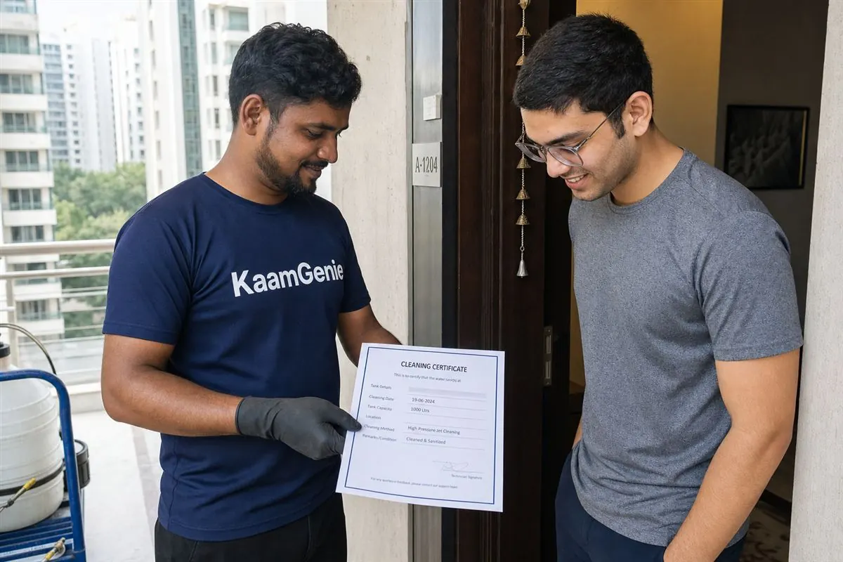 KaamGenie crew cleaning a large underground reservoir at the base of a Gurgaon condominium tower with maintenance staff observing