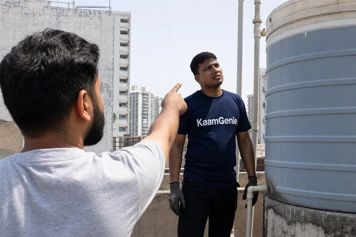 A Gurgaon tenant typing a polite written request to the landlord on a phone, with a glass of cloudy tap water on the table