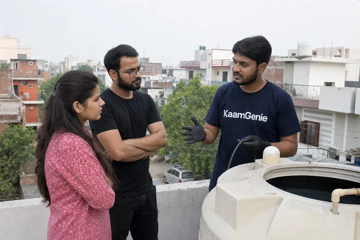 KaamGenie crew cleaning the rooftop water tank of a rented flat in Noida while the tenant watches from the terrace